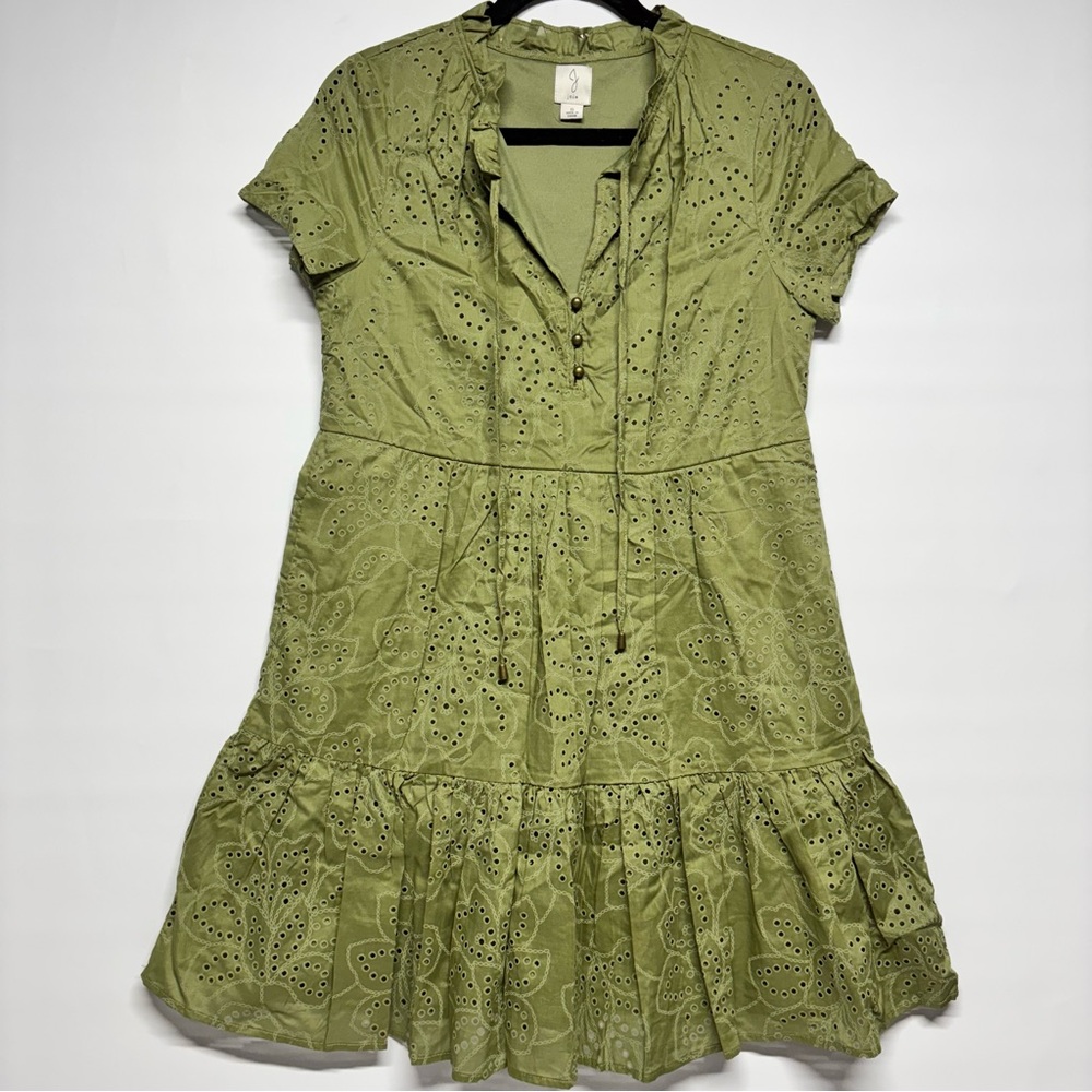 ✨Joie Floral Eyelet Tiered Pleated A-Line Olive Mini Dress Size S 🫒